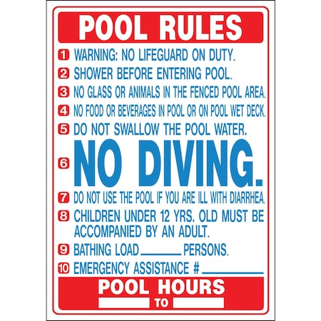 Hy-Ko Pool Rules (Florida) Sign 20" x 28", 5PK A20412